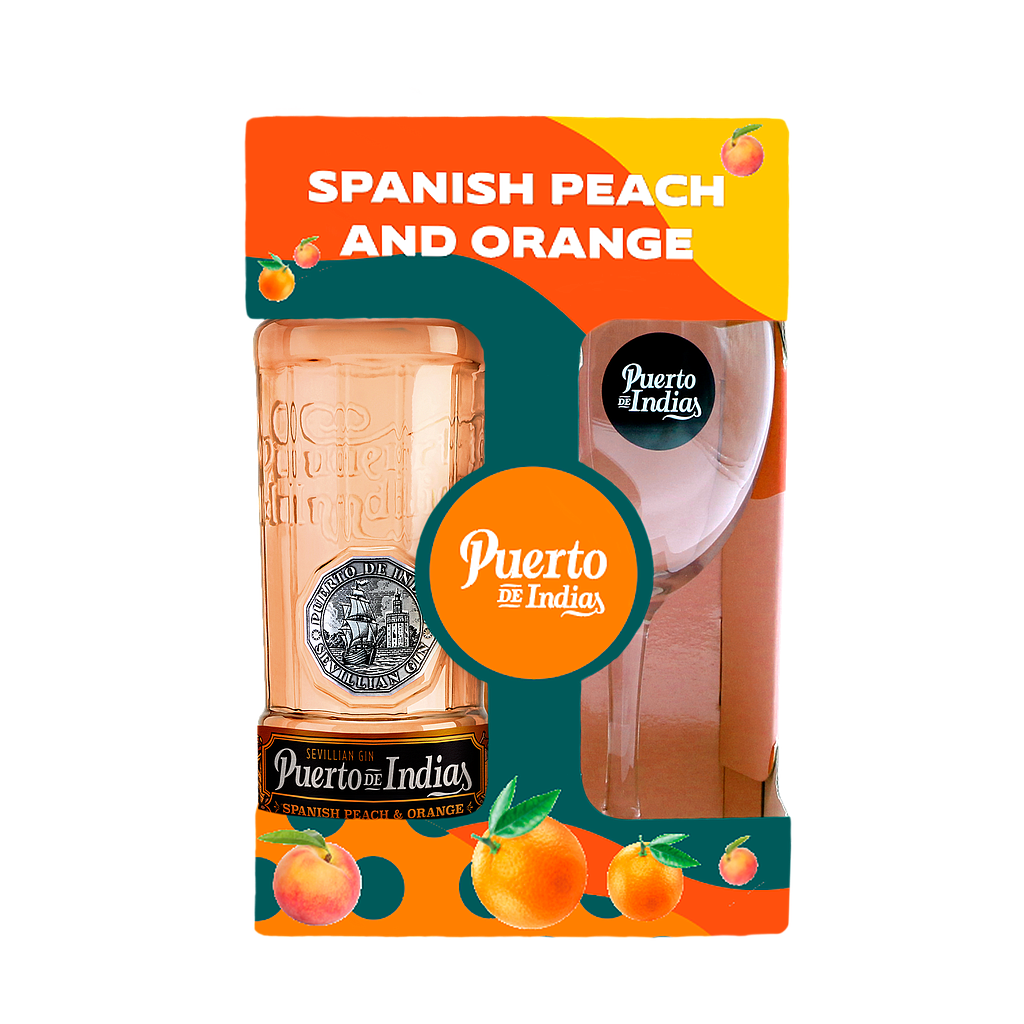 GIN PUERTO DE INDIAS PEACH &amp; ORANGE 700 ML + COPA